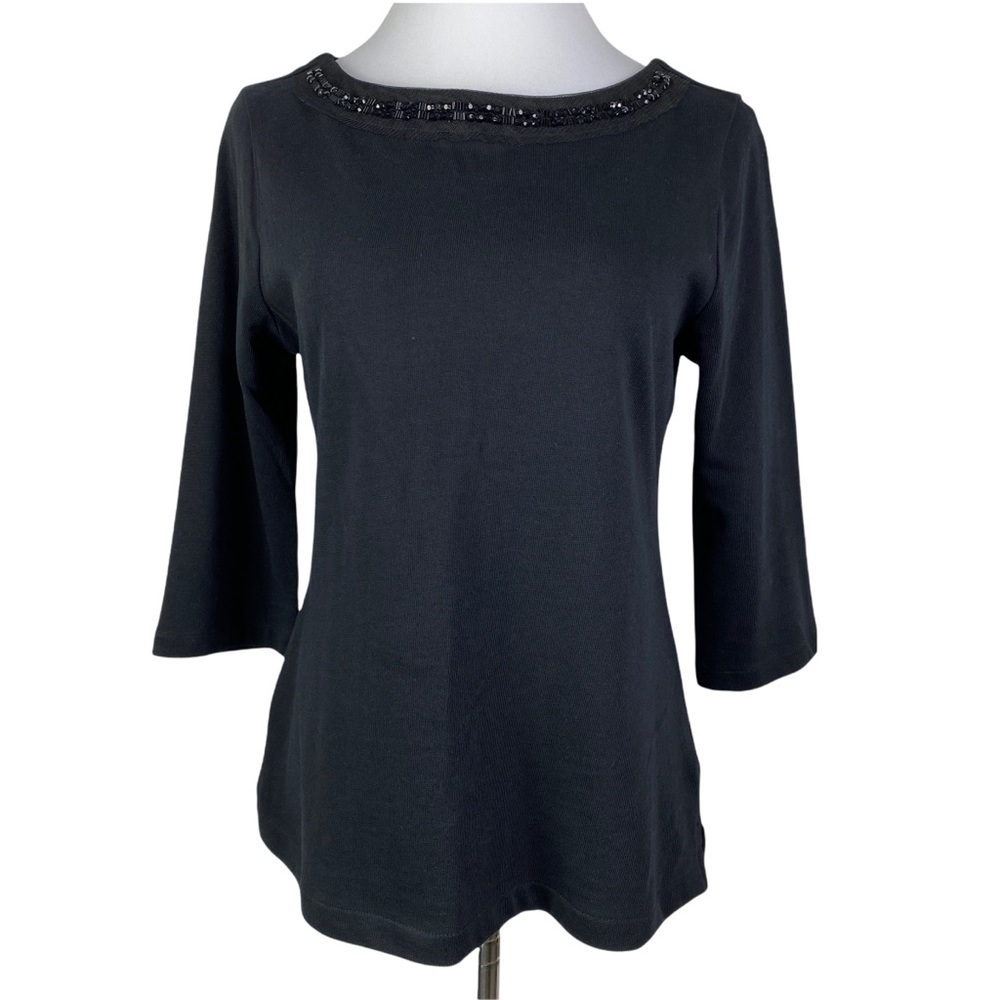 Old Navy Black Beaded Blouse Women's Medium Round Neckline‎ 3/4 Sleeve